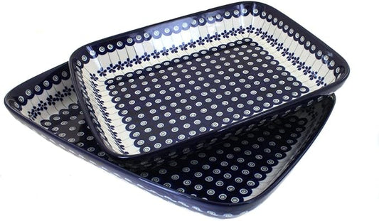 Blue Rose Polish Pottery - Blue Flowering Peacock Rectangular Baker Set - 2 Bakers - Unique, Dishwasher Safe, & Durable Bakeware