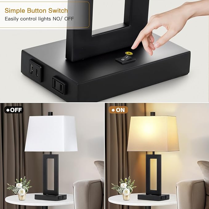 Table Lamp Set of 2 with USB C+A Ports & AC Outlet, Bedside Lamps, Modern Bedroom Lamps, Black Lamps for Night Stands Bedroom Living Room,Nightstand Lamp