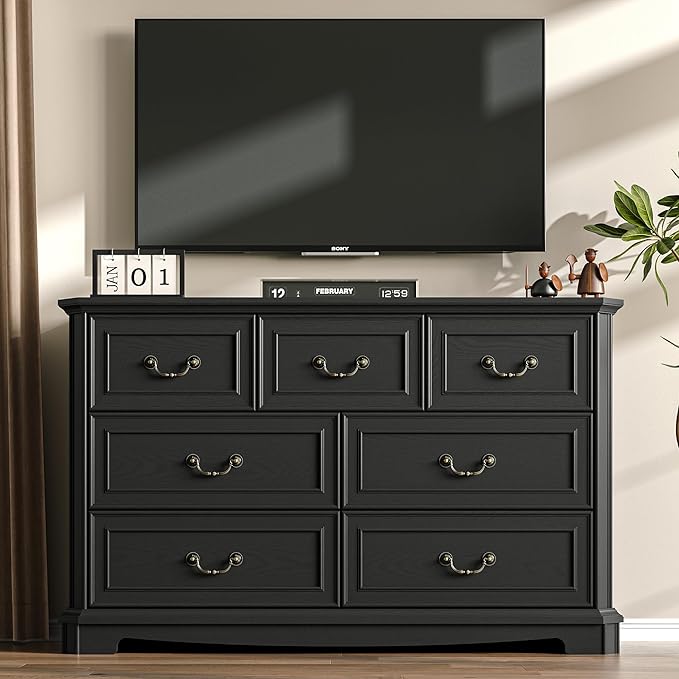 Farmhouse Dresser for Bedroom with 7 Drawer, 48" Wide Rustic Chest of Drawers with Metal Handle, Wood Vintage Dresser TV Stand, Wooden Closet Storage Dressers Organizer for Living Room, Hallway, Black