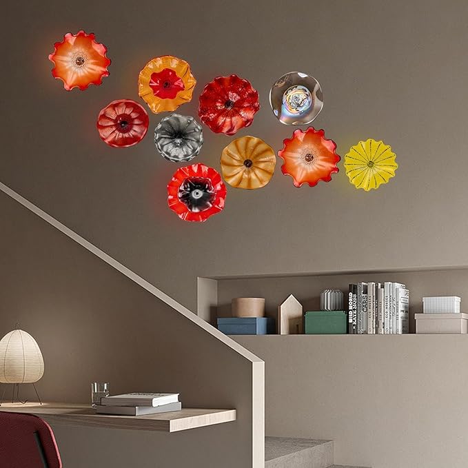 Hand Blown Glass Plate Wall Decor, Modern Unique Glass Wall Art, Lotus Leaf Wall Plate Shape Wall Sconce with Transparent and Easy to Clean for Staircase, Living Room, Kitchen, Hallway (Orange-1)