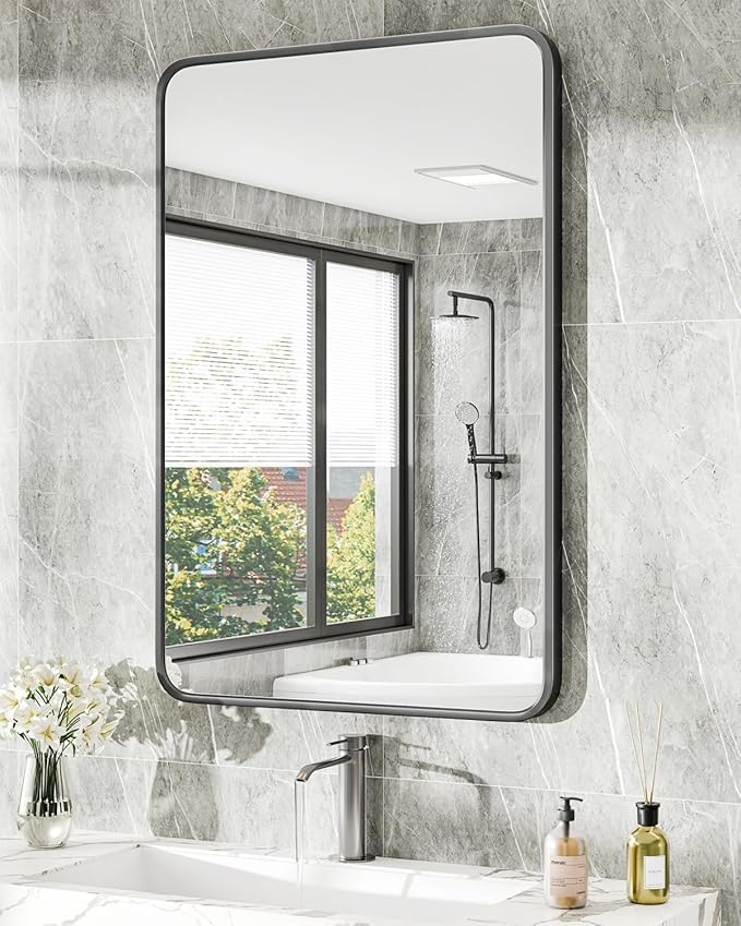 Bathroom Mirror 24" X 36" Wall Mount Dresser Metal Frame Rounded Rectangular Mirror Over Sink Vanity Can Be Hung Horizontally Or Vertically for Bedroom, Entryway, Living Room,Black