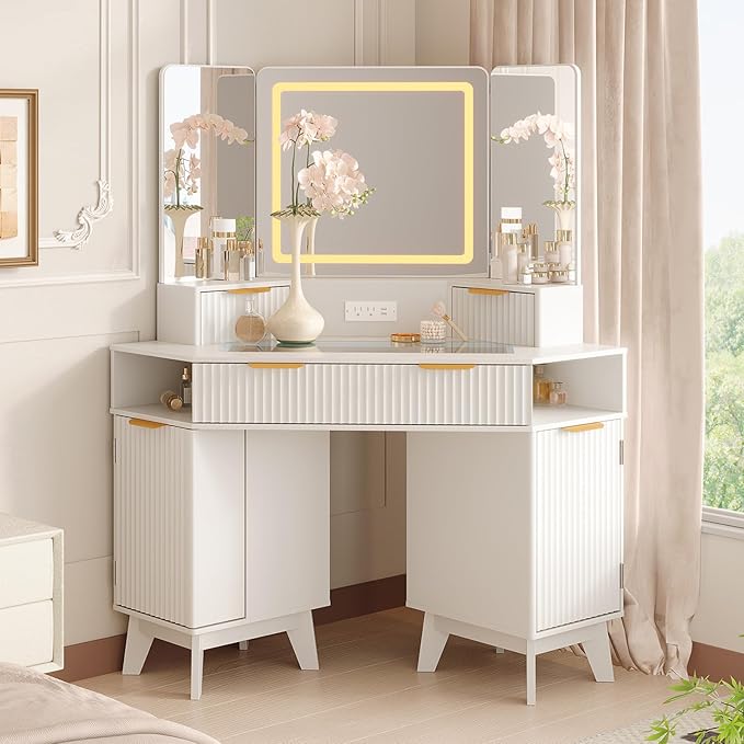 48 Inch Fluted Makeup Vanity Desk with Mirror and Lights, Modern Corner Makeup Vanity with Glass Top, Charging Outlet & 3-Panel Lighted Mirror, Dressing Table for Bedroom