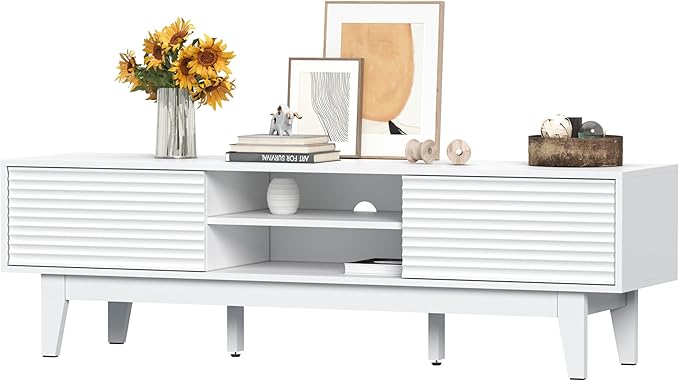 Wooden Fluted TV Stand for 55 65 70 inch TV, Long & Large TV Media Console Table with Storage Cabinets, Boho Farmhouse Entertainment Center for Living Room, Bedroom - White