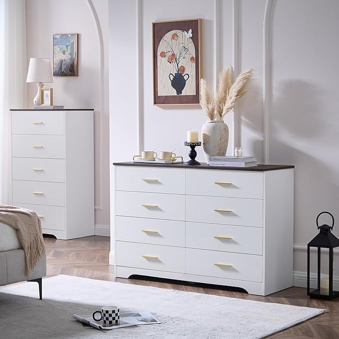 LIDYUK Dresser for Bedroom, Wood Dresser with 8 Drawers, Modern Minimalist Dressers & Chests of Drawers, 48 Inches Wide Chest of Drawers for Bedroom, Hallway, Living Room, White