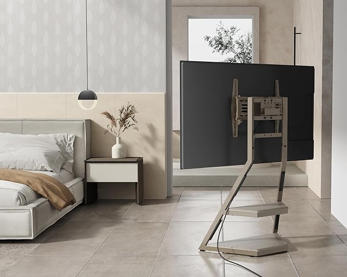 FITUEYES Design Corner TV Stand for 32 43 50 55 65 Inch TVs, Small Spaces Floor TV Stand Rolling TV Cart for LCD/LED Flat Curved Screens, Modern Living Room Television Stands, Eiffel Series, Camel