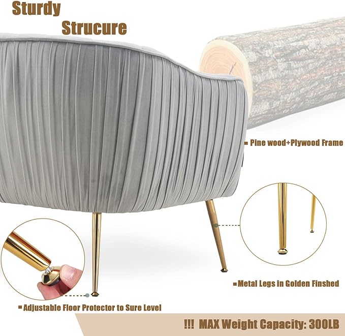 Velvet Couch Sofa Chairs for Two People, Modern Loveseat for Living Rooms, Bedrooms, Small Spaces, Golden Finished, Grey