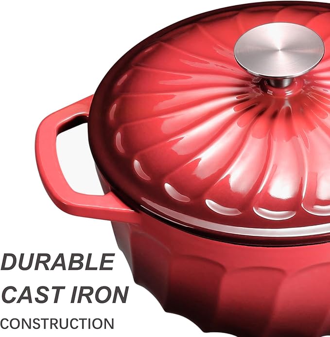 Enameled Cast Iron Dutch Oven with Lid, 6 QT Dutch Oven Pot for Bread Baking, Heavy Duty Cast Iron Pot for Braising, Cook, Bake, Oven Safe across All Cooktops (Red,6 QT)