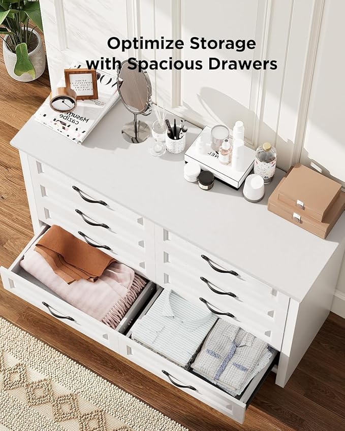 Pipishell White 8 Drawers Dresser for Bedroom, 47" Wide Wood Rustic Chest of Drawers with Bar Handles, Farmhouse Storage Dressers Organizer for Bedroom, Living Room, Hallway, White