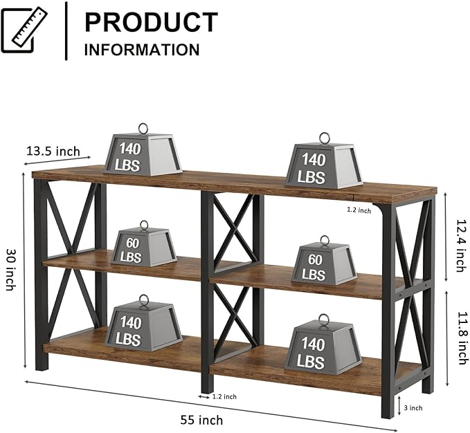 LVB Wood Console Table, Rustic 3 Tier Sofa Table Behind Couch, Industrial Metal Entryway Table with Storage Shelf, Farmhouse Wooden Foyer Hallway Table for Entry Living Room, Rustic Brown, 55 Inch