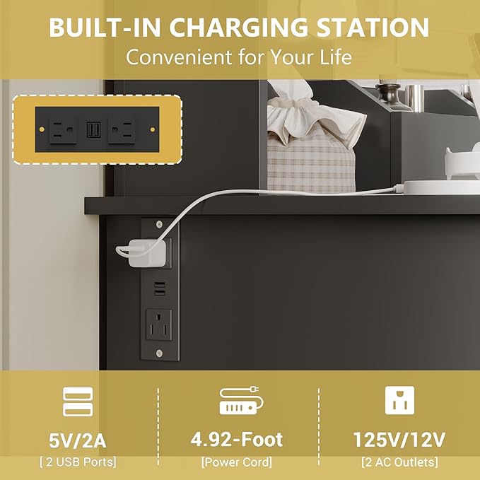 Vanity Makeup Desk with Mirror and Lights, Farmhouse Vanity Table Set with Storage Drawers, Charging Station & Chair, 43" Large Rustic Dressing Table, 3 Lighting Modes for Women Girls Bedroom, Black