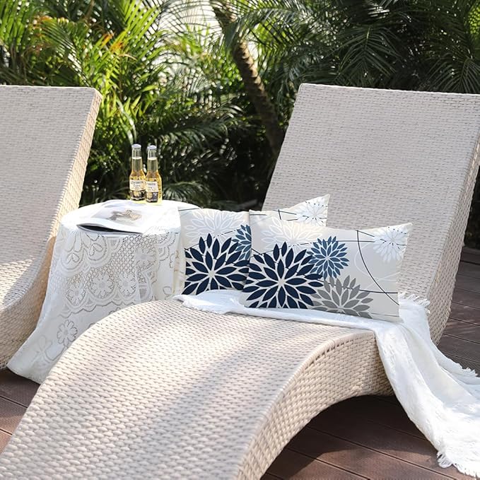 Blue and Gray Floral Pillow Covers 12x20 Set of 2 Outdoor Waterproof White Colored Decorative Throw Pillows Summer Pillowcase Polyester Cushion Case Decor for Couch Patio Funiture Garden Porch 01B12