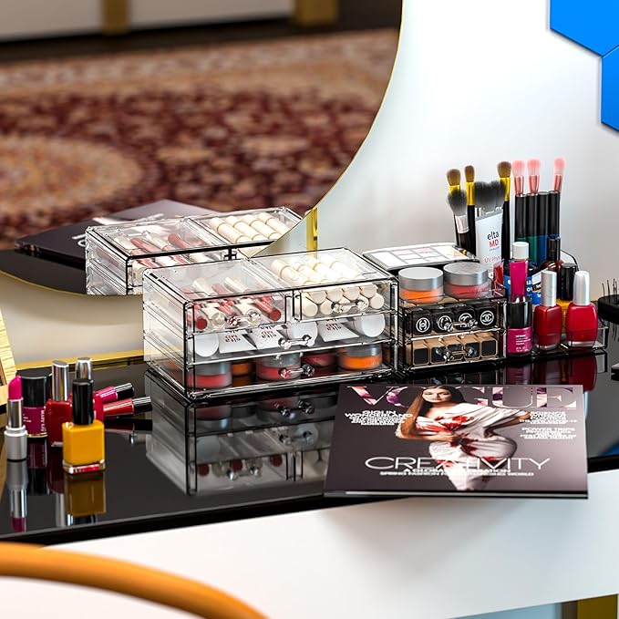SuoXing Clear Acrylic Makeup Organizer for Vanity,Bathroom,Dresser,6 Drawer Cute Make up Organizers for Counter,Plastic Countertop Makeup Storage for Beauty,Jewelry,Brush,Cosmetic,Skin Care Organizer