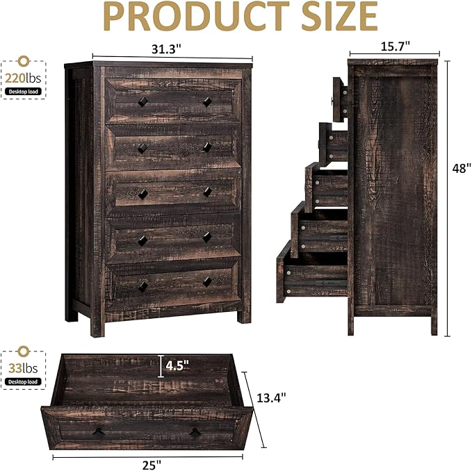 Farmhouse 5 Drawers Dresser, Wood Rustic Chest of Drawers for Bedroom, Tall Dressers Organizer with Metal Handles, 5 Drawers Chest for Living Room, Hallway, Entryway, Dark Rustic Oak