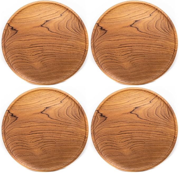 Rainforest Bowls Set of 4 12" Round Javanese Teak Wood Dinner Plates- Perfect for Everyday Use- Hot & Cold Friendly, Ultra-Durable, Premium Wooden Plates- Handcrafted by Indonesian Artisans