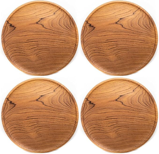 Rainforest Bowls Set of 4 12" Round Javanese Teak Wood Dinner Plates- Perfect for Everyday Use- Hot & Cold Friendly, Ultra-Durable, Premium Wooden Plates- Handcrafted by Indonesian Artisans