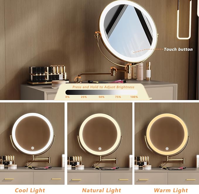 Vanity Desk with Adjustable Mirror and Lights, Makeup Desk with Drawers and Chair, Dressing Table Set with Leather Surface, Small Vanity Table for Bedroom, 3 Lighting Modes (Cappuccino)