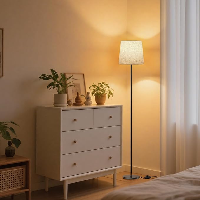 Floor Lamp with Linen Shade - 62" Dimmable LED Standing Lamp with Foot Switch, 3 Color Temps, 9W E26 Bulb Included, Black Floor Reading Light Corner Lamp for Living Room Bedroom Office