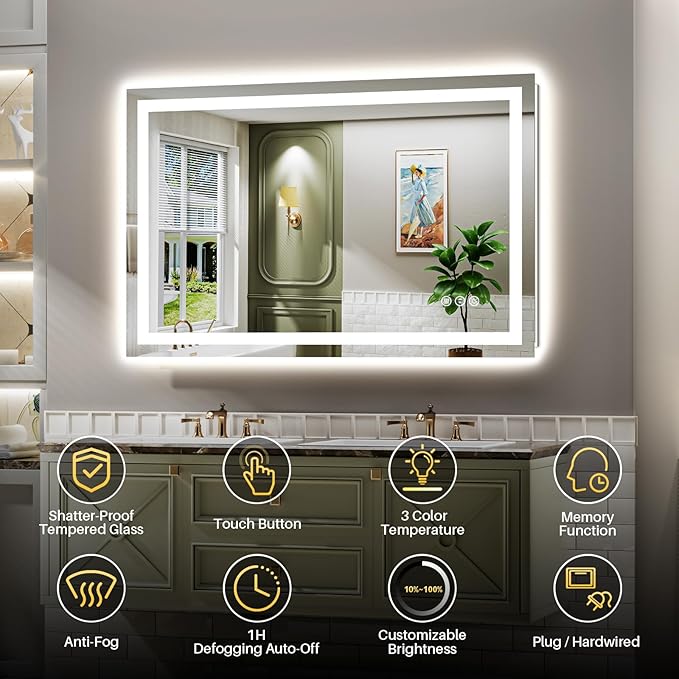 48"x28" LED Bathroom Mirror with Lights, Backlit & Front Lit, Lighted Wall Mirrors for Bathroom Vanity, Touch Screen Dimmable, Anti-Fog, Memory Function, HD Tempered Glass, Shatter-Proof, ETL Listed