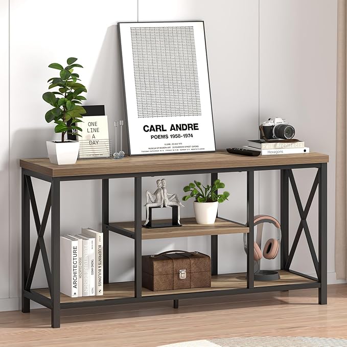 FOLUBAN TV Stand for TVs up to 55 Inch, Rustic Wood and Metal Entertainment Center with Storage, Modern Industrial Media TV Console Table for Living Room Bedroom, Oak 47 Inch