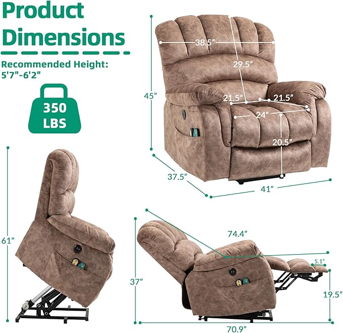 VIVIJASON Large Power Lift Recliner Chair with Heat & Massage for Elderly Big People, Overstuffed Wide Electric Lift Chair with Extended Footrest, 2 Remote Controls, Side Pockets & USB Ports, Brown