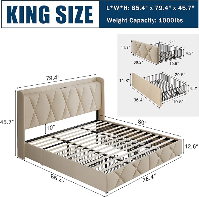 King Size Bed Frame with 4 Storage Drawers, Upholstered Platform Bed with Charging Station, Modern Wingback Storage Headboard, Easy Assembly,Noise-Free, Beige