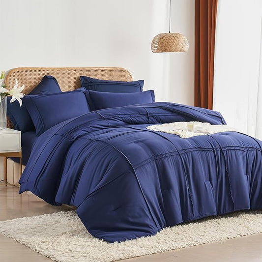 Yogeneg Queen Comforter Set 7 Piece Bed in a Bag,Grid Pinch Pleat Navy Blue Bedding Set,Striped Textured Soft Microfiber Comforter with Sheet Set,All Season Complete Bed Set(Navy Blue,Queen)