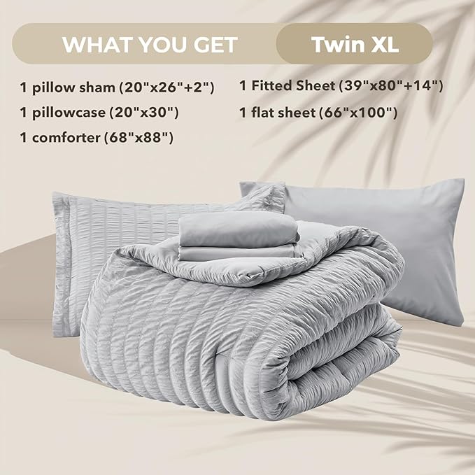 HYMOKEGE Light Grey Twin XL Comforter Set Seersucker 5 Pieces, All Season Luxury Bed in a Bag for Bedroom, Bedding Set with Comforter, Sheets, Pillowcase & Sham