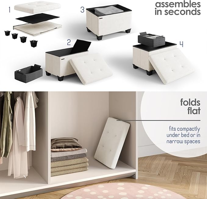 STORAGEBUD Storage Ottoman Cube with Small Bin, 16-in Square Ottoman with Storage for Living Room and Bedroom, Small Ottomans Foot Rest, Velvet Foot Stools Ottomans Max 330lbs, Cream