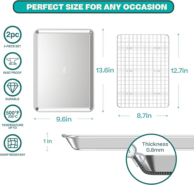 Baker's Secret Non Toxic Baking Trays for Oven, PTFE, PFAS, PFOA Free, 100% Recycled Aluminum, Bakeware Set Cookie Sheet 18" with Stainless Steel Rack Never Rust - The Natural Aluminum Collection
