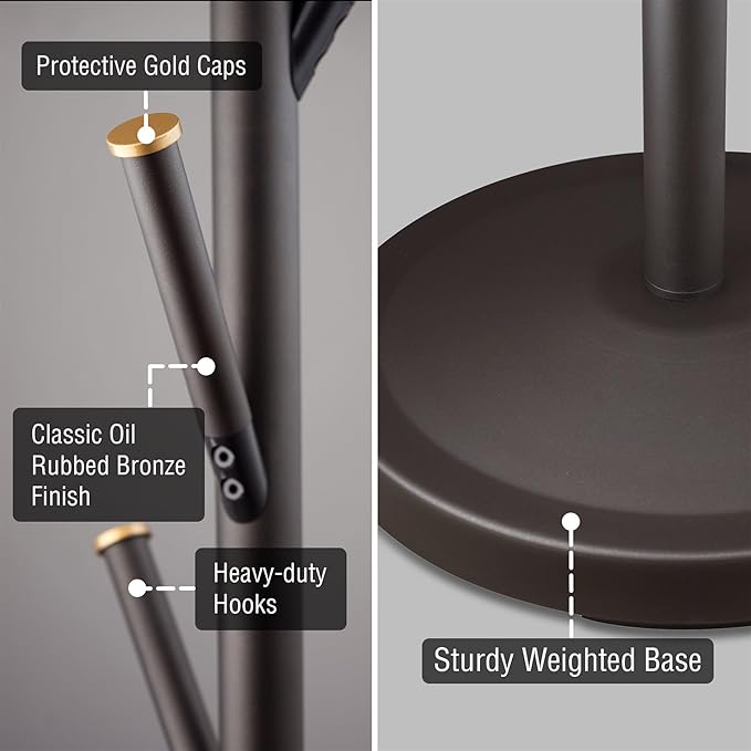 Kira Home Addison 68" Modern 6 Hook Free Standing Metal Coat Rack, Weighted Base, Gold Cap Accents + Oil-Rubbed Bronze Finish