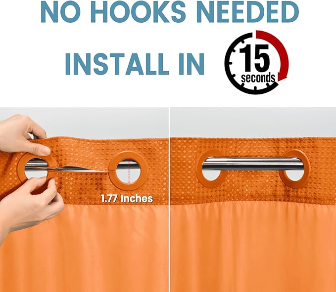 Burnt Orange Long No Hook Shower Curtain with Snap in Liner,230GSM Waffle Weave Shower Curtains for Bathroom,71W x 86H