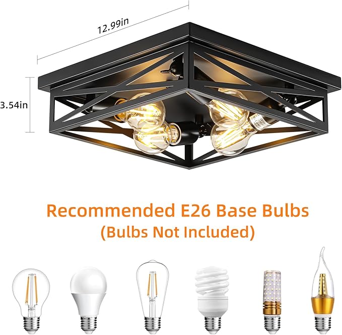 2 Pack Flush Mount Ceiling Light Fixture, Black Hallway Light, Metal Cage Closed to Ceiling Mounted Lights, 4-light Farmhouse Flush Mount Light Fixture for Bedroom Hallway Entryway E26 Base 13in