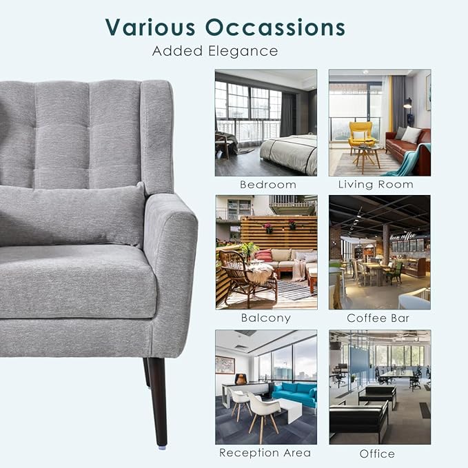 Accent Chair, Comfy Upholstered Living Room Chairs with High Tufted Backrest and Pillow, Wingback Reading Chair with Solid Wood Legs for Bedroom/Office, Chenille Fabric, Grey