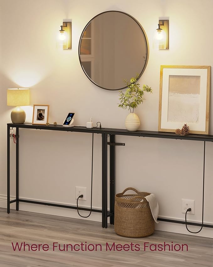 VASAGLE Set of 2 Console Tables with Power Outlets, Slim Behind Couch Sofa Tables, 5.9 x 39.4 x 31.5 Inches, 2 Hooks, Easy Assembly, for Entryway, Living Room, Ebony Black and Ink Black ULNT078B01