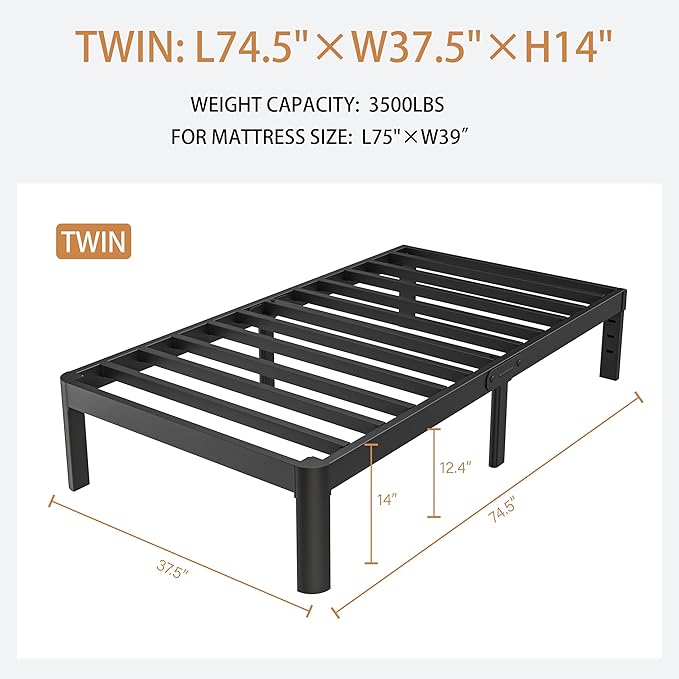 Twin Size Bed Frames 14 Inch, Metal Twin Bed Frame No Box Spring Needed, DIY Headboard Holes, Heavy Duty Steel Support 3500 LBS, Noiseless, Round Corner Leg, Storage Space, Easy Assembly, Black