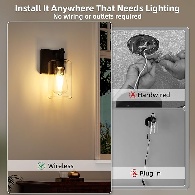 Battery Operated Wall Sconce with Remote Wall Light Rechargeable Wireless Cordless Led Glass Wall Lamp Indoor with 3 Color Temperature Dimmable E26 Edison Bulbs for Bedroom Bathroom Hallway Black