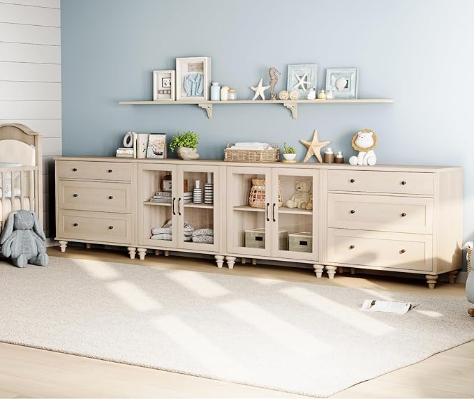 WAMPAT Modern TV Stand, 4 in 1 Entertainment Center with Storage Cabinets and 4 Glass Door, Media Console with 6 Drawer Dresser for Living Room, Light Oak