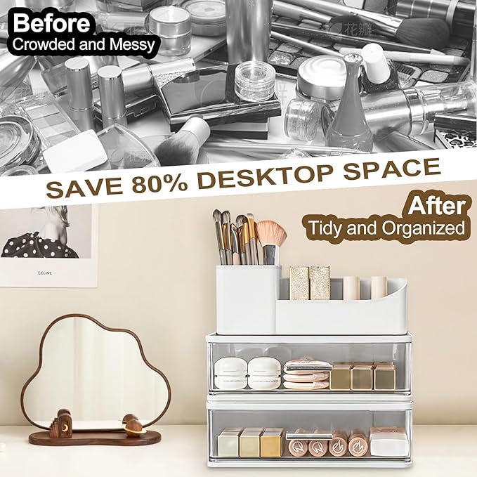 DASITON Makeup Organizer for Vanity with 2 Drawers, Stackable Cosmetic Organizer with Makeup Brush Holder, Plastic Bathroom Organizer Skincare Storage for Brushes, Eyeshadow, Lotions, Lipstick (White)