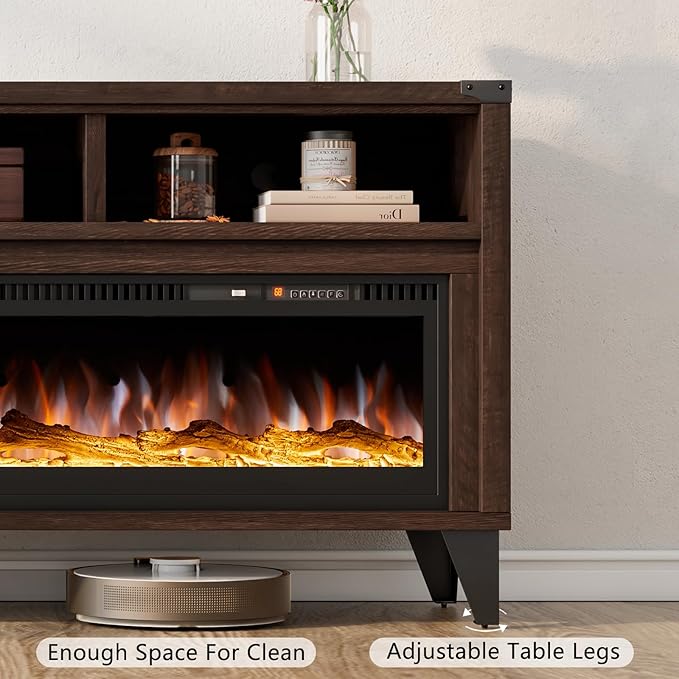 65“ Farmhouse Fireplace TV Stand, Industrial Entertainment Center with 60" Tempered Glass Electric Fireplace, Media Console with Open Storage Space for TVs up to 75", Espresso