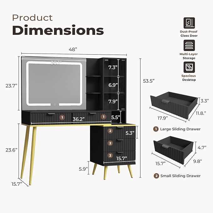 Vanity Desk with Mirror and Lights, Fluted Makeup Vanity with Glass top, 48" Big Modern Vanity with 5 Drawers & Glass Cabinet, Black Vanity with 3 Lighting Modes for Bedroom