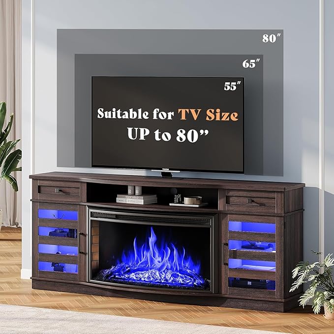 AMERLIFE 70" Farmhouse Fireplace TV Stand with 36'' Curved Electric Fireplace, LED Media Console with 2 Drawers & Adjustable Shelves, Fits 80'' TVs, Espresso