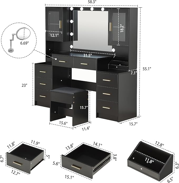 Extra Large Vanity with Folding Up Mirror and Lights,58.3'' Makeup Vanity Desk with Mirror and Lights,Outlet, Chair and Two Makeup Organizers,Dressing Table for Bedroom,Black