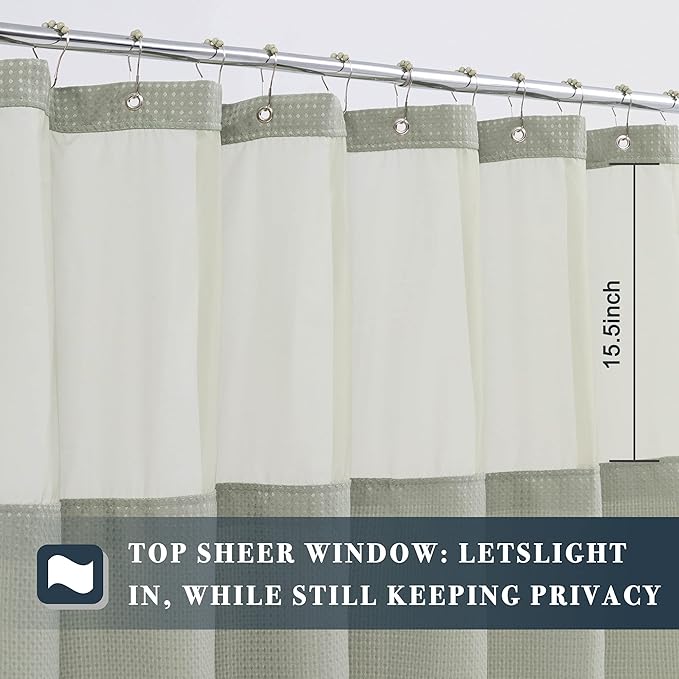 N&Y HOME Waffle Weave Shower Curtain with Snap-in Fabric Liner & Hooks Set - Hotel Style, Waterproof & Washable, Heavyweight Fabric & Mesh Top Window - 71x72, Sage Green