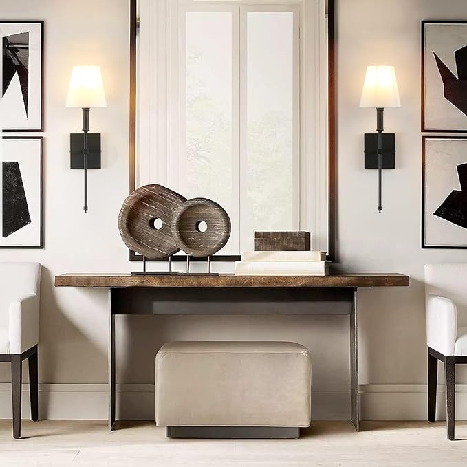 PERMO Set of 2 Classic Rustic Industrial Wall Sconce Lighting Fixture with Flared White Textile Lamp Shade and Black Tapered Column Stand, Hardwired, E26