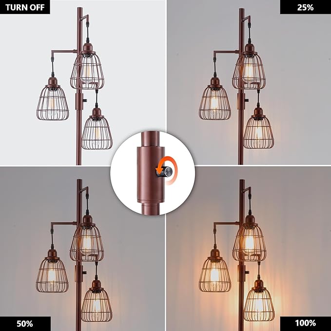 9MMML Dimmable Floor Lamp,Industrial Farmhouse Tall Standing Floor Lamp for Living Room, Bedroom Office,3 Teardrop Cage Lampshade,3 LED Bulbs Inculded. 68'' Tall