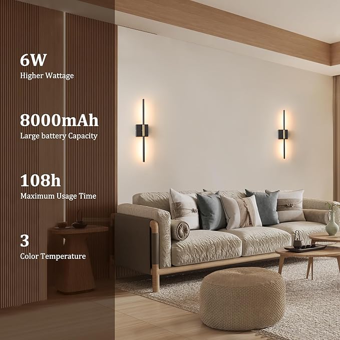 Battery Operated Wall Sconce Set of 2, 8000mAh Wireless Wall Sconces, 3000K-6000K Dimmable, 350°Rotate, Indoor Wall Lights with Remote for Bedroom Living Room Bathroom, Black Gold, 23.6 Inch