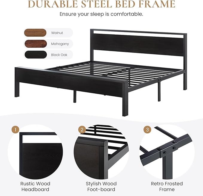 SHA CERLIN 14 Inch King Size Metal Platform Bed Frame with Wooden Headboard and Footboard, Mattress Foundation, No Box Spring Needed, Large Under Bed Storage, Black Oak
