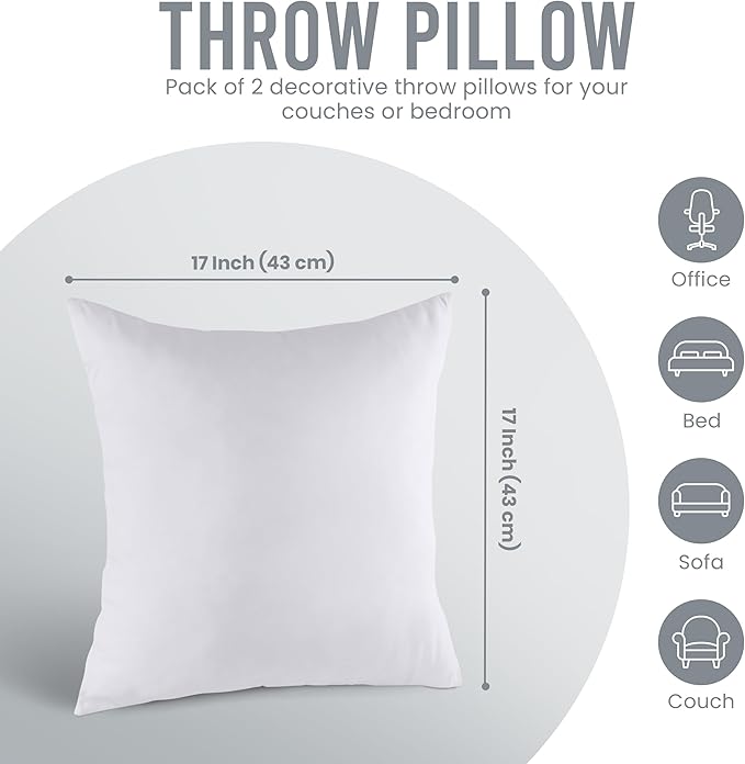 Utopia Bedding Throw Pillows Insert (Pack of 2, White) - 17 x 17 Inches Bed and Couch Pillows - Indoor Decorative Pillow