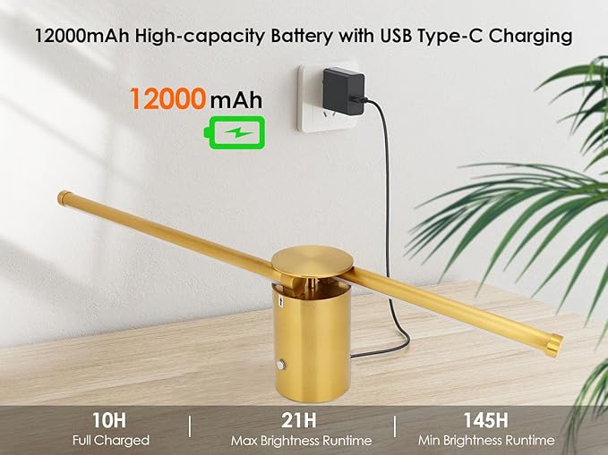 23.6 Inch Battery Operated Wall Sconce, 12000mAh Rechargeable Wall Sconce with Remote Control, Dimmable LED Wireless Wall Light for Bedroom, Living Room, 15 Colors, 180° Rotate, Gold, 1 Pack