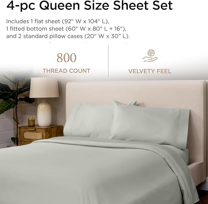 Threadmill Luxury 800 Thread Count Queen 100% Cotton Sheets - Light Grey Sateen Weave Bed-Sheets, Better Than Egyptian Cotton,4 Pc Solid Soft Bed Set, Fits 16" Deep Pocket